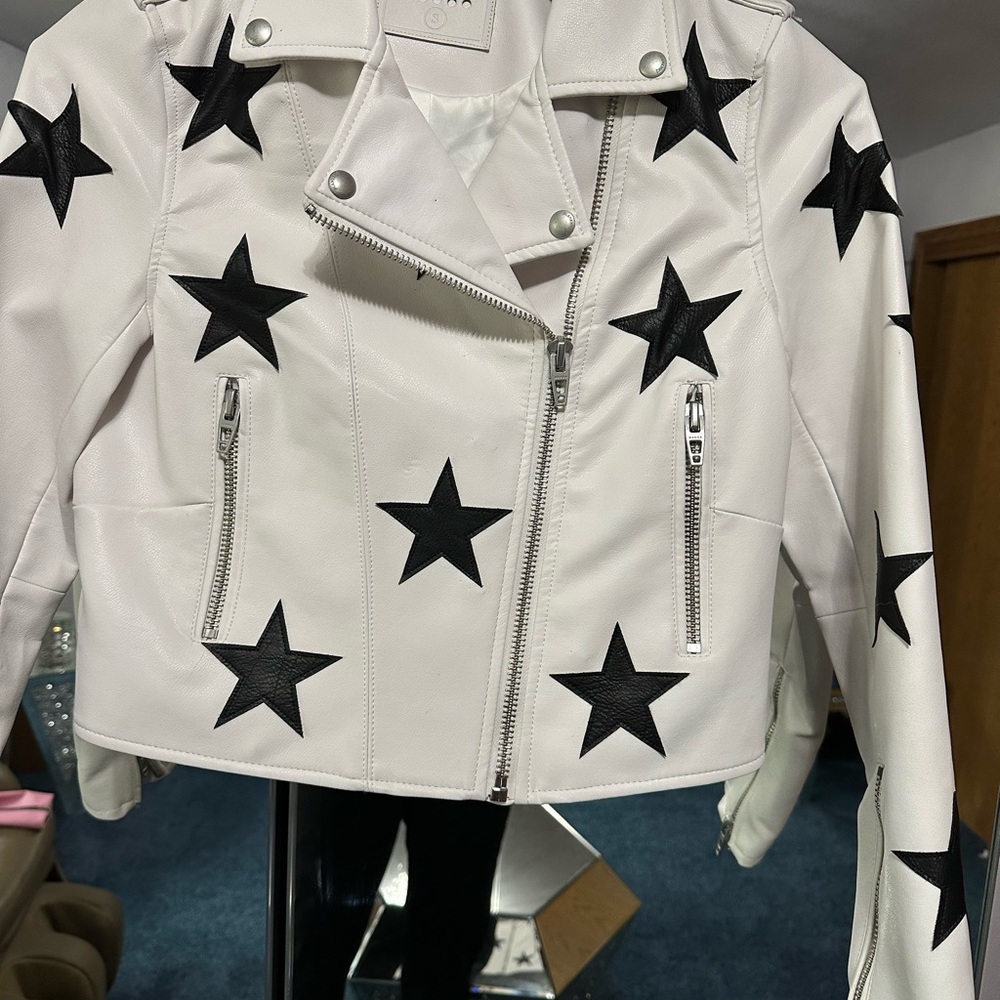 Blank NYC White and Black Star Leather Jacket